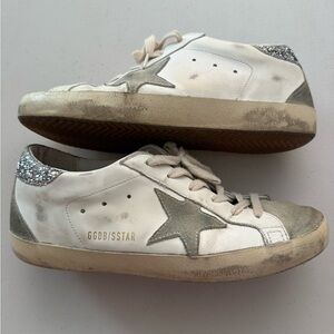 Golden Goose White and Gray Sneakers with Silver Glitter